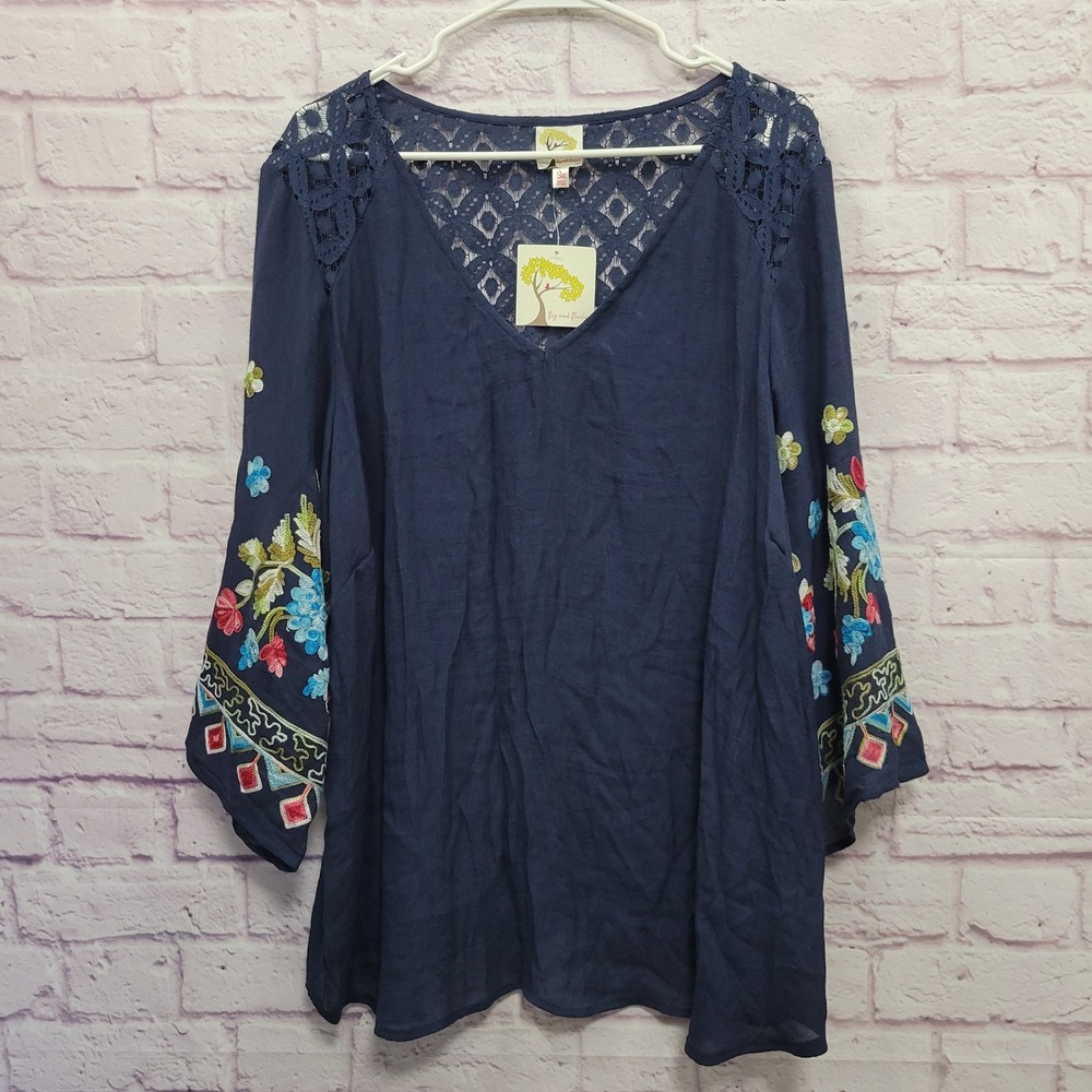 NEW Fig & Flower Embroidered Crochet Lace Blouse 3X Bell Sleeve Boho Ethnic Folk